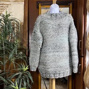 Hand Knit Chunky Sweater Womens L Sage Green Marled Mock Neck Fisherman Pullover
